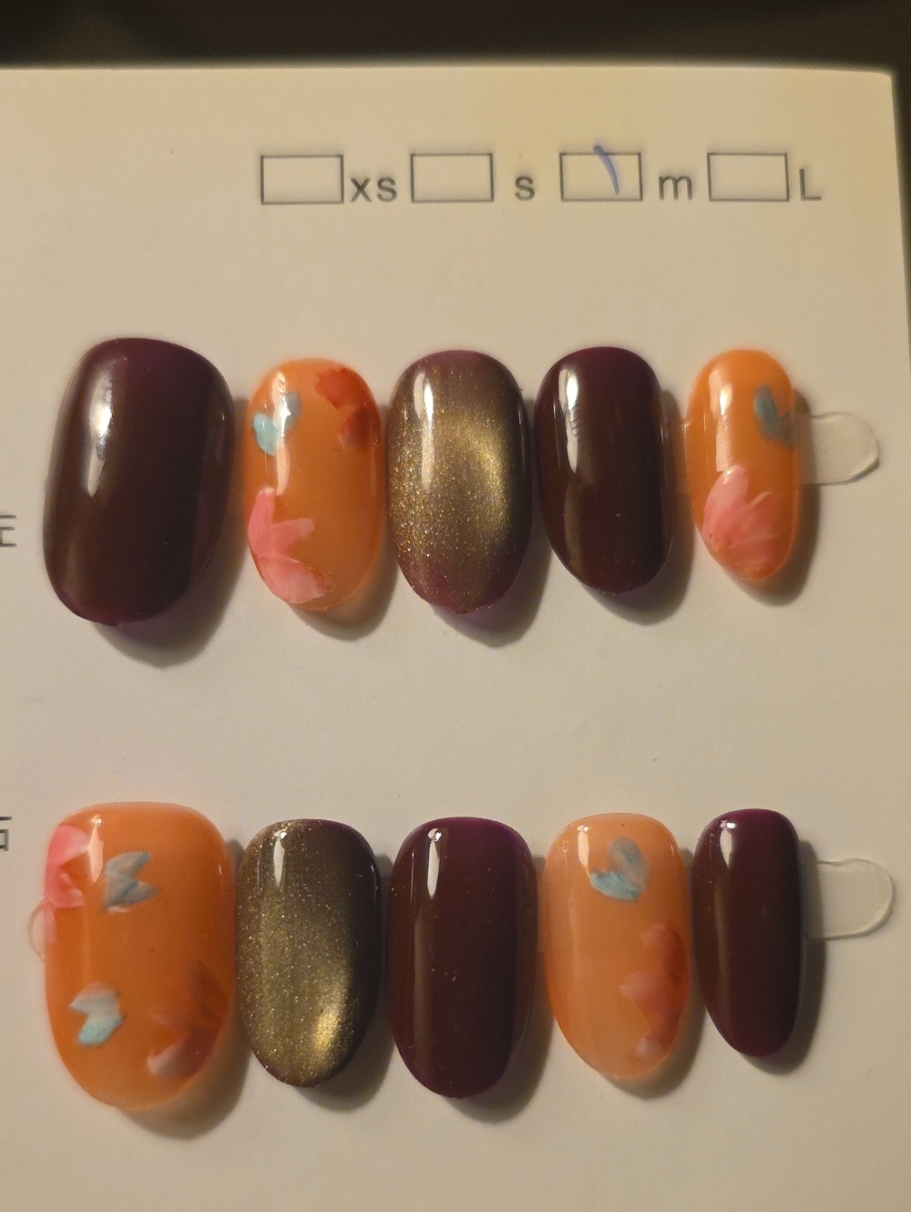 Handcrafted Orange & Plum Floral Press-On Nail Set Size Med
